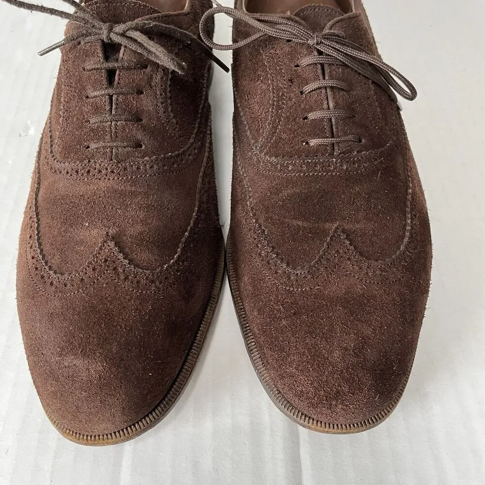 Bally Mens Sz 9.5 Brown Suede Wingtip Oxford Derby Brogue Shoes Made in Italy